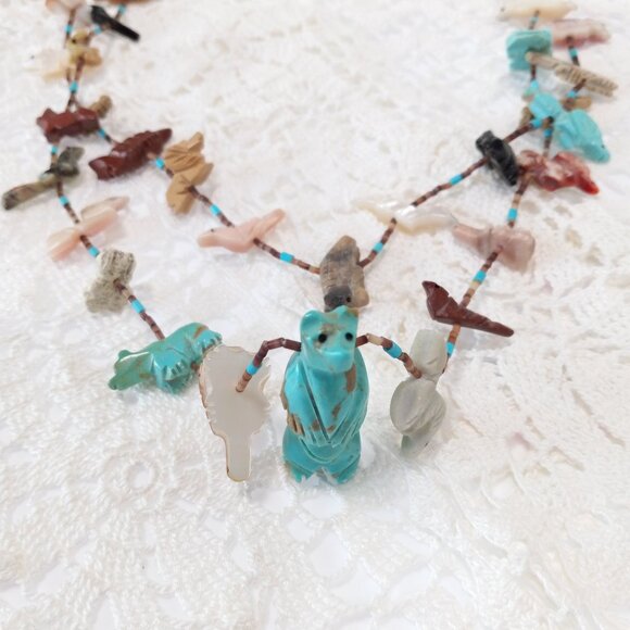 Vintage Two-Strand Turquoise MOP Navajo Indian Fetish Necklace - Picture 12 of 15